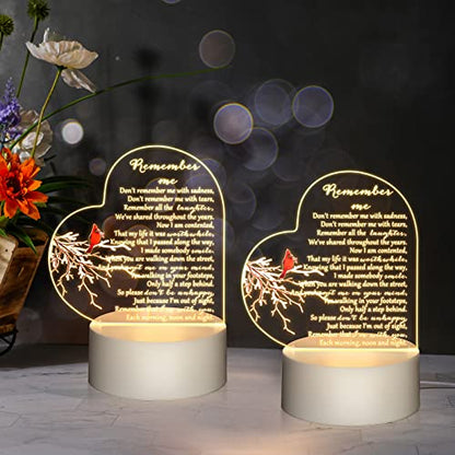 Roowest 3 Pack Sympathy Gift Memorial Night Light Gifts for Loss of Loved One Remember Me Acrylic Heart Sign with USB Charging Base Crystal Glass Heart Bereavement Condolence Present 4.7 x 6.3 Inch