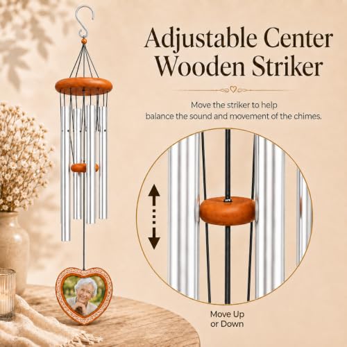 34 Inch Memorial Wind Chimes for Outside, Wooden Photo Frame Heart Pendant - color: Silver