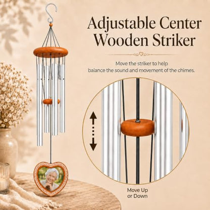34 Inch Memorial Wind Chimes for Outside, Wooden Photo Frame Heart Pendant - color: Silver