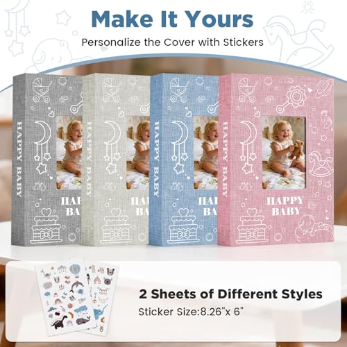 Baby Photo Album 4x6 300 Pockets with Memo Area, Photo Stickers & Hand and Footprint Kit, Linen Cover Baby Memory Book with Front Window, First Year Keepsake for Newborn Boy Girl - color: Blue