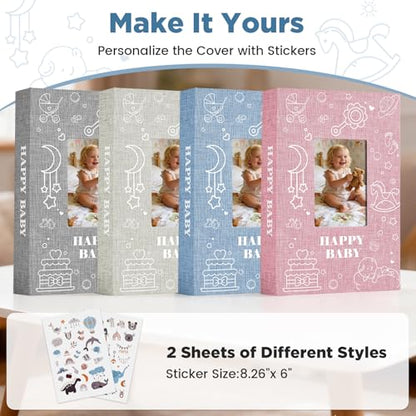 Baby Photo Album 4x6 300 Pockets with Memo Area, Photo Stickers & Hand and Footprint Kit, Linen Cover Baby Memory Book with Front Window, First Year Keepsake for Newborn Boy Girl - color: Blue