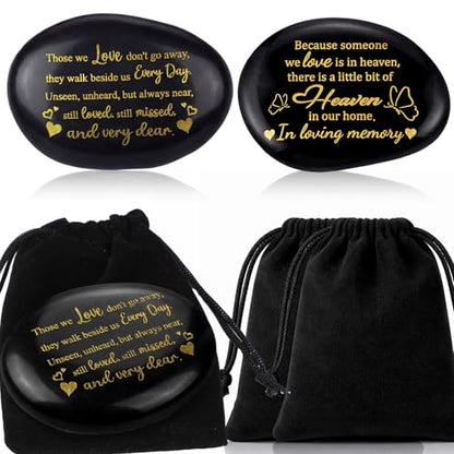 2 Pcs Memorial Stone 3.15 Inch with 2 Velvet Bag Celebration of Life Favor Inspirational River Rock Engraved in Loving Memory Funeral Favor Decoration for Father's Day Dad Gift