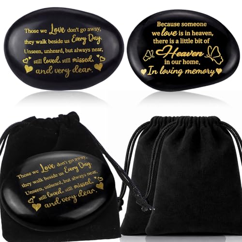 2 Pcs Memorial Stone 3.15 Inch with 2 Velvet Bag Celebration of Life Favor Inspirational River Rock Engraved in Loving Memory Funeral Favor Decoration for Father's Day Dad Gift