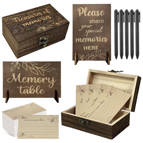 Celebration of Life Memory Box Set with 100 Share a Memory Cards, Wooden Memory Keepsake Box, Memory Table Signs with 5 Pens for Funeral Memorial Service Decorations
