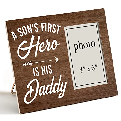 Zauly Daddy and Son Wooden Picture Frame Gift for Father New Baby Dad | A Son's First Hero Wood Photo Frame Gifts for Father's Day Birthday Christmas, Tabletop and Wall Mounting, 4X6 Inch Photo - color: Hero