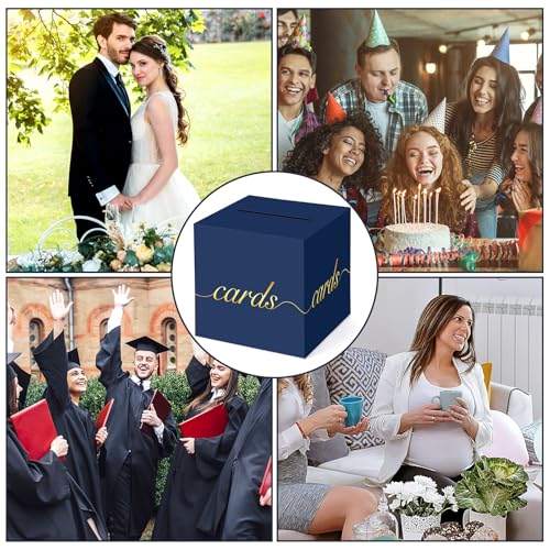 Navy Blue Card Box Gold Foil Wedding Favors Gift Card Boxes Post Box Receiving Money Box Holder for Wedding Reception, Baby Showers, Anniversary, Birthday Party, Retirement, Graduation Envelope Holder - color: Navy Blue and Gold