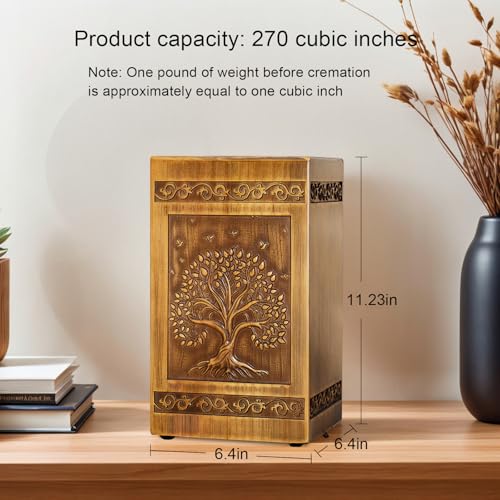Wood Urn for Ashes for Women Tree of Life Carving Cremation Urns for Human Ashes Adult Male Female - Large 270 Cubic Inch, Funeral Memorial Decorative Urn Box with Satin Bag