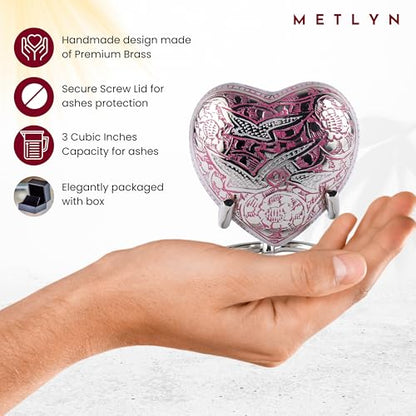 Heart Shaped Brass Small Urn for Human Ashes Keepsake with Engraved Birds – Mini Cremation Urn with Velvet Box & Brass Stand – Memorial Keepsake for Ashes of Adult Male, Female and Infant (Pink) - color: Pink