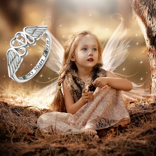 FLYOW S925 Sterling Silver A Piece of My Heart Lives in Heaven Angel Wing Ring for Women Jewelry Memory of Mom Dad Grandma Grandpa Daughter Son Loss Memorial Gift