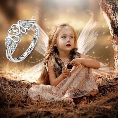 FLYOW S925 Sterling Silver A Piece of My Heart Lives in Heaven Angel Wing Ring for Women Jewelry Memory of Mom Dad Grandma Grandpa Daughter Son Loss Memorial Gift