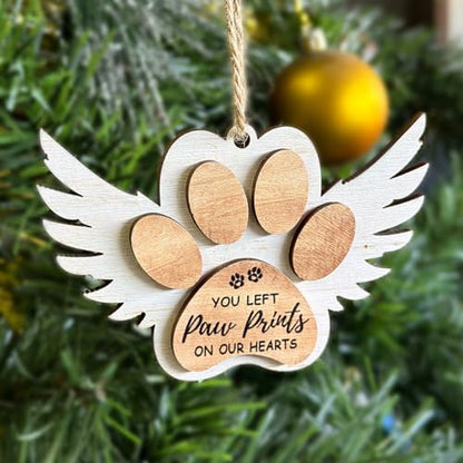 Pet Memorial Ornament, White Christmas Decor, Gifts for Loss of Dog, Angel Wings Wooden Ornaments, You Left Paw Prints on Our Hearts, Dog Passing Away Gift, Puppy Heaven - style: Paw Wings White