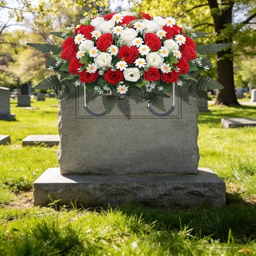 Wocst Headstone Flower Saddle,Large Artificial Cemetery Flowers for Grave Artificial Roses Daisy Saddle for Cemetery Headstone (Red) - color: Red