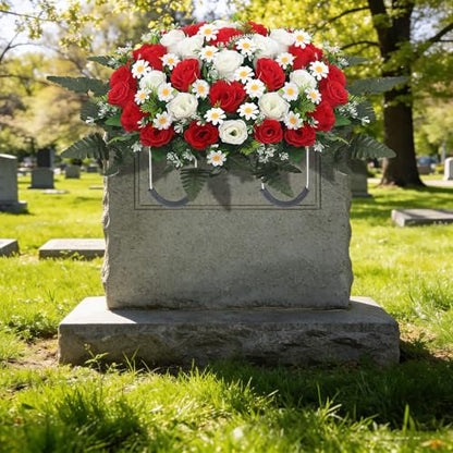 Wocst Headstone Flower Saddle,Large Artificial Cemetery Flowers for Grave Artificial Roses Daisy Saddle for Cemetery Headstone (Red) - color: Red