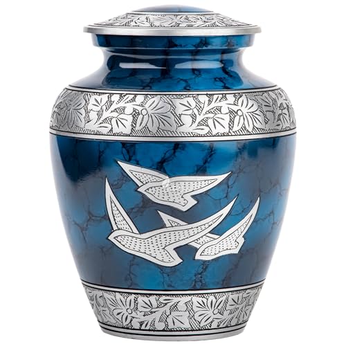 Cloud Blue Bird Aluminum Cremation Urn for Human Ashes - Adult 200 lbs Capacity, Threaded Lid Metal Funeral Urn - Nature Theme Decorative Memorial Container for Burial or Niche Casket Urn - color: Royal Blue With Wings