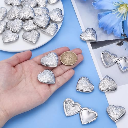 PLIGREAT 24 Pcs Silver Heart Photo Frame Charms, Stainless Steel Pendant Holds Pictures Heart Open Locket Memorial Pendant Photo Charms for DIY Necklace Bracelet Jewelry Making, 2 Styles