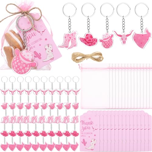 Equsion 50 Sets Cowgirl Party Favors Pink Western Disco Keychain with Organza Bags and Thank You Tags for Birthday Bridal Wedding Baby Shower Bachelorette Party Supplies Gifts - style: Pink Western Cowboy