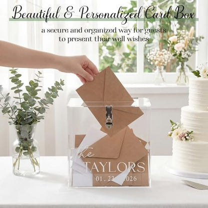 Novabright 10 Inches Wedding Acrylic Card Box with Slot Lock and Last Name Transfers Money Box for Bridal Shower Wedding, Baby Shower Birthday Party, No Assembly Needed(Clear,Classic Style) - color: Clear, style: Classic Style
