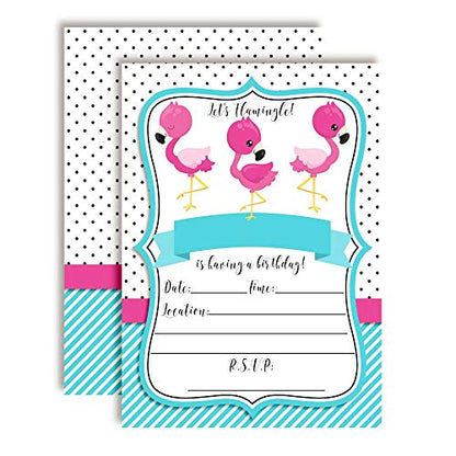 Pink and Turquiose Flamingo Birthday Party Invitations, 20 5x7 Fill In Cards with Twenty White Envelopes by AmandaCreatio - style: Pink and Turquiose Flamingo