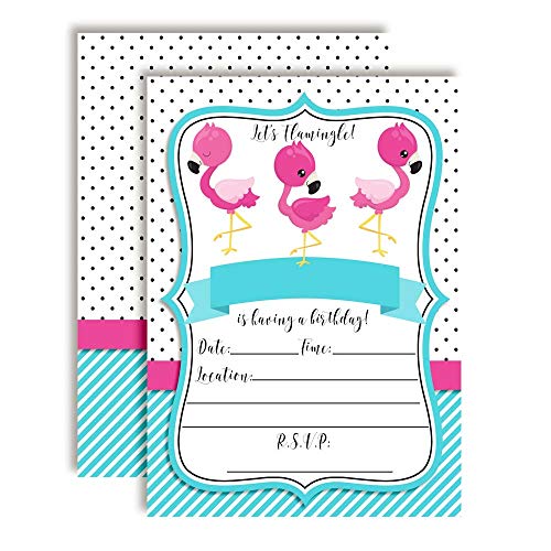 Pink and Turquiose Flamingo Birthday Party Invitations, 20 5x7 Fill In Cards with Twenty White Envelopes by AmandaCreatio - style: Pink and Turquiose Flamingo