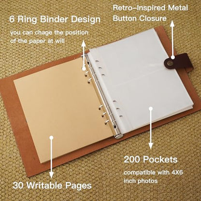 Photo Album 4x6 200 Pockets, Genuine Leather Photo Albums 200 Photos with Writing Space 30 Writing Paper, Family Wedding Travel Kids Graduation Ultrasound Baby Picture Album Scrapbook, Mother Gifts - color: Brown-Rose, size: 200 Photos