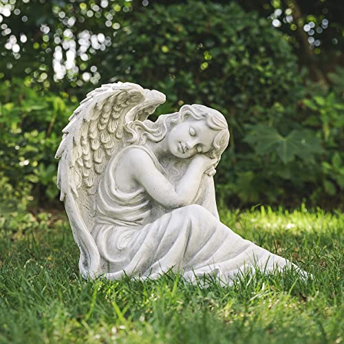 Glitzhome Resting Angel Statue Outdoor Garden Memorail Sculpture, 15in Tall, Cement Gray - style: Resting Angel-B