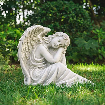 Glitzhome Resting Angel Statue Outdoor Garden Memorail Sculpture, 15in Tall, Cement Gray - style: Resting Angel-B