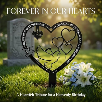 Happy Heavenly Birthday Dad Memorial Stake Waterproof Metal Heart Cemetery Decorations for Grave - style: Dad Heavenly Birthday
