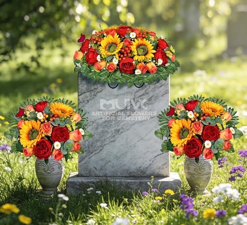MUVIC Artificial Cemetery Flower Bouquets and Headstone Flower Saddle for Grave,Three-Piece Set:Rose,Rose Lily Hydrangea Cymbidium Daisy, Easy Fit and Colorfast