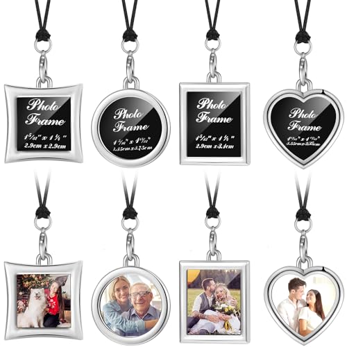 Hicarer 4 Pcs Car Rearview Mirror Hanging Ornament Picture Photo Keychain Frame Metal Locket with 4 Pcs Wax Rope - color: Silver