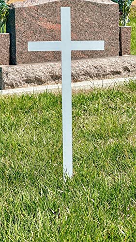 Woodhaven Memorial Cross - Steel Grave Marker 28 x 10 Inch - Perfect For Outdoor And Memorial Sites - White Powder Coat Finish - Headstone Replacement - Made In The USA