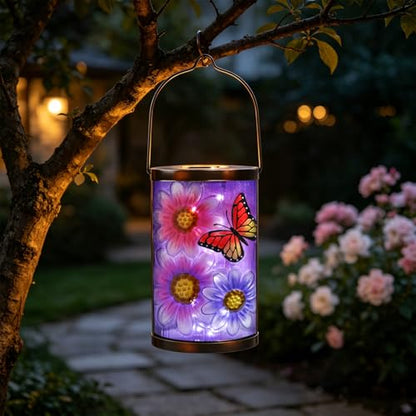MUMTOP Butterfly Solar Lantern, Hanging Glass Outdoor Garden Light - color: Purple