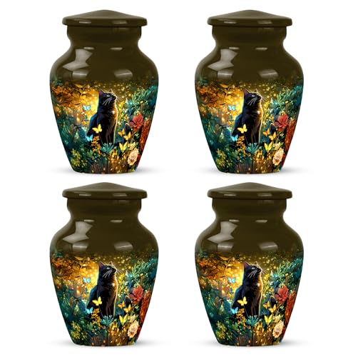 Yatskia Black Cat with Flowers Mini Memorial Keepsake Urns for Human Ashes Adult Men and Women, Little Funeral Urn for Adult Ashes Dad, (Classic Pack of 4, 3 Inch) - color: #5 Cat, size: 3 Inch (Pack of 4)