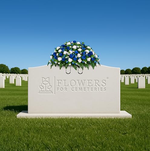 Sympathy Silks Artificial Cemetery Flowers - Gravesite Memorial Arrangment - Blue & White Garden Mums - (1) Headstone Saddle - color: Blue & White, size: (1) Saddle