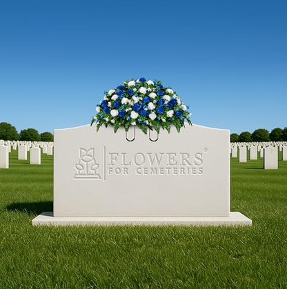 Sympathy Silks Artificial Cemetery Flowers - Gravesite Memorial Arrangment - Blue & White Garden Mums - (1) Headstone Saddle - color: Blue & White, size: (1) Saddle