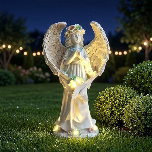 AVEKI Praying Angel Garden Statue Solar Powered Outdoor Decor - 11.4" Resin Memorial Figurine with Warm Light for Loss of Loved One - Sympathy Gift & Remembrance Tribute for Grave, Lost Pet - color: B