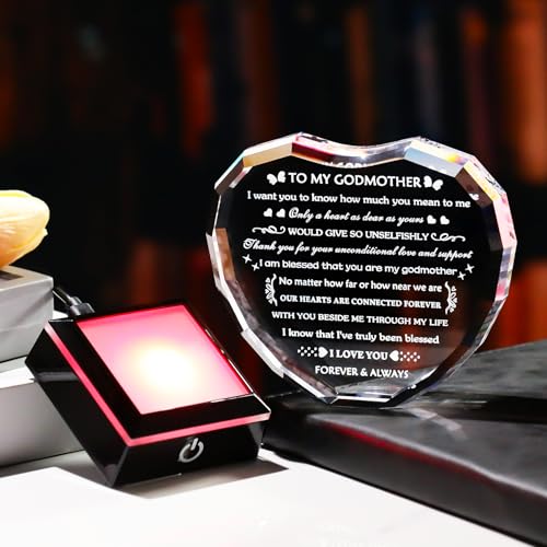 Arikyrist Godmother Gifts from Godchild with Colorful Light Base, Birthday Gift for Godmother Crystal Heart Keepsake, To My Godmothers Gifts from Goddaughter Godson on Mothers Day Christmas - style: Godmother Gifts + Light Base
