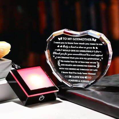 Arikyrist Godmother Gifts from Godchild with Colorful Light Base, Birthday Gift for Godmother Crystal Heart Keepsake, To My Godmothers Gifts from Goddaughter Godson on Mothers Day Christmas - style: Godmother Gifts + Light Base