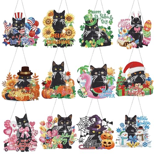 Cinnvoice Seasonal Diamond Art Hanging Kit,12 Pcs,Black Cat | 12 Pcs,Black Cat,Holiday Diamond Art Wreath, Halloween Diamond Hanging Ornaments, Crystal Suncatcher, for Door Window Wall - style: Black Cat