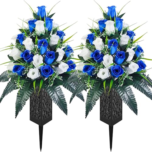 Mirevielyn 2-Pack 24 Stems Artificial Rose Cemetery Flowers with Vases - color: Royal Blue & White
