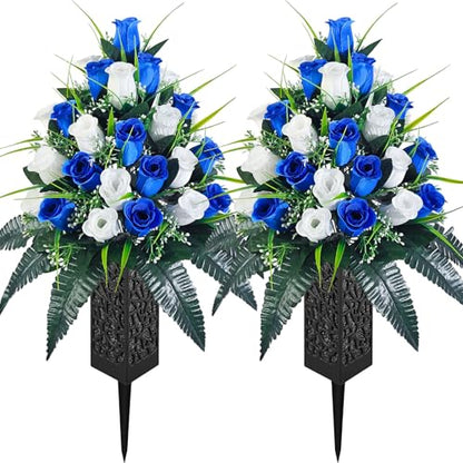 Mirevielyn 2-Pack 24 Stems Artificial Rose Cemetery Flowers with Vases - color: Royal Blue & White
