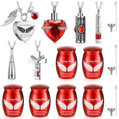Ecation 12 Set Small Urn Cremation Jewelry Necklaces for Ashes Stainless Steel Keepsake Urns Memorial Locket Mini Ash Holders Waterproof for Human Adult Female Male Family Loved One(Red) - color: Red