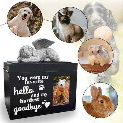 Dog Urns for Ashes Up to 100 lbs, Premium Wooden Pet Urns for Dogs with Memorial Photo Frame and Resin Statue, Dog Urn Sympathy Gift for Both Large Midium Golden Retriever, Labrador, Shepherd