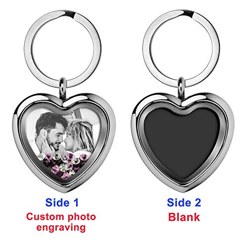 Custom Photo Text Engraved Heart Floating Living Locket Crystal Pendant Keychain - color: Purple - 1 Photo Engraving