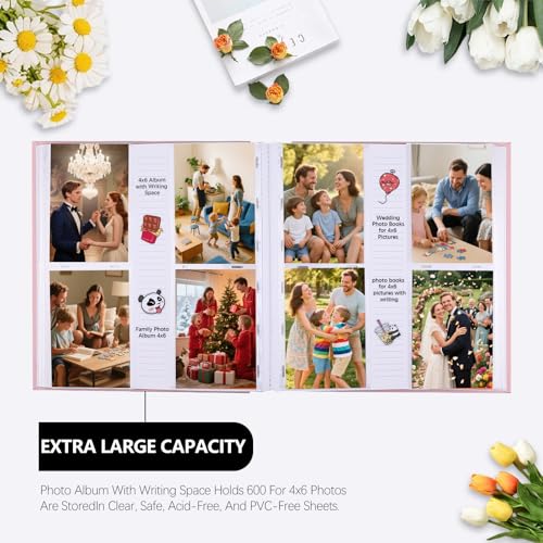 Photo Album 4x6 Vertical 600 Photos with Writing Space, Pink | Linen Cover, Acid-Free Pages, Clear PP Pockets, Memo Writing Space, Front Display Window, Family, Wedding & Travel Memories - color: Pink