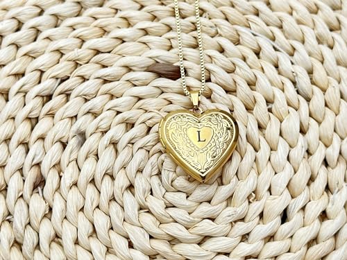 GOKING Love Heart Memory Locket Necklace Holds Pictures for Women - color: Letter L