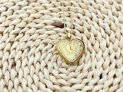 GOKING Love Heart Memory Locket Necklace Holds Pictures for Women - color: Letter L