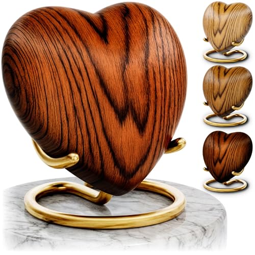 Small Urns for Ashes Keepsake Heart - Mini Wood Grain Cremation Urn for Male or Female Human or Pet Ashes - Holds a Small Portion of Remains - Includes Funnel Velvet Bag and Stand Rosewood - color: Rosewood