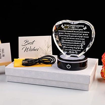 YWHL Goddaughter Gifts from Godmother Unique Heart Crystal Birthday Gifts for Goddaughter with LED Base Best to My Goddaughter Gift for Valentine's Day Mothers Day Christmas from Godparents - color: Goddaughter Gifts+led