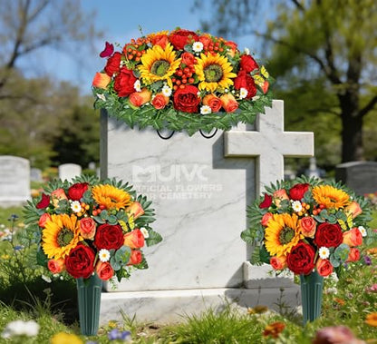 MUVIC Artificial Cemetery Flower Bouquets and Headstone Flower Saddle for Grave,Three-Piece Set:Rose,Rose Lily Hydrangea Cymbidium Daisy, Easy Fit and Colorfast