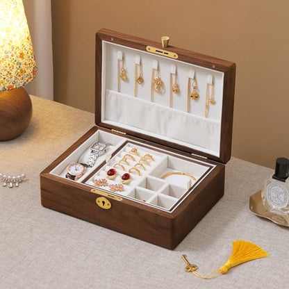 Black Walnut Wooden Lockable Jewelry Box, 2 Layer Organizer Case for Women - color: 2 Layer Lockable